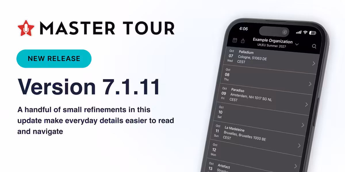 Mobile app update announcement for Master Tour