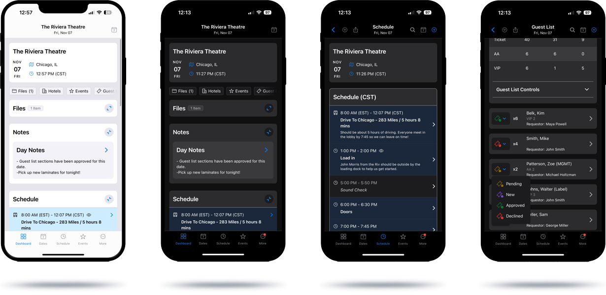 Mobile app interface for theatre schedule