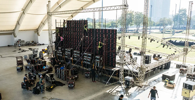 Stage setup with audio equipment installation